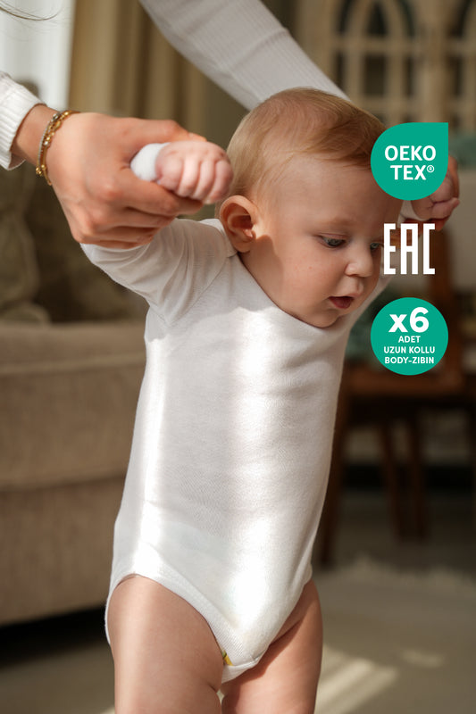 Minuche %100 Pamuk 6'lı Bebek Body - Uzun Kollu ve Çıtçıtlı Beyaz Zıbın