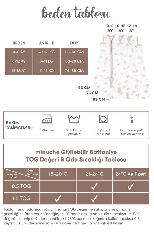 Minuche Bebek Giyilebilir Battaniye - 0.5 TOG %100 Pamuk İnce Yazlık Kundak