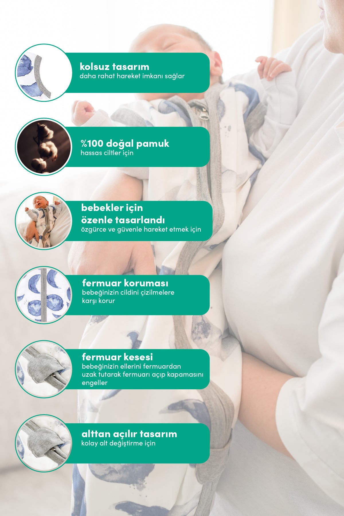 Minuche Bebek Giyilebilir Battaniye - 1.5 TOG %100 Pamuk Kalın Kışlık Kundak