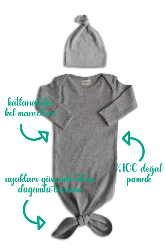 Minuche Fitilli ve Alttan Bağlamalı Bebek Body ve Bere Takım %100 Pamuk - Kolay Alt Açma Tasarımı