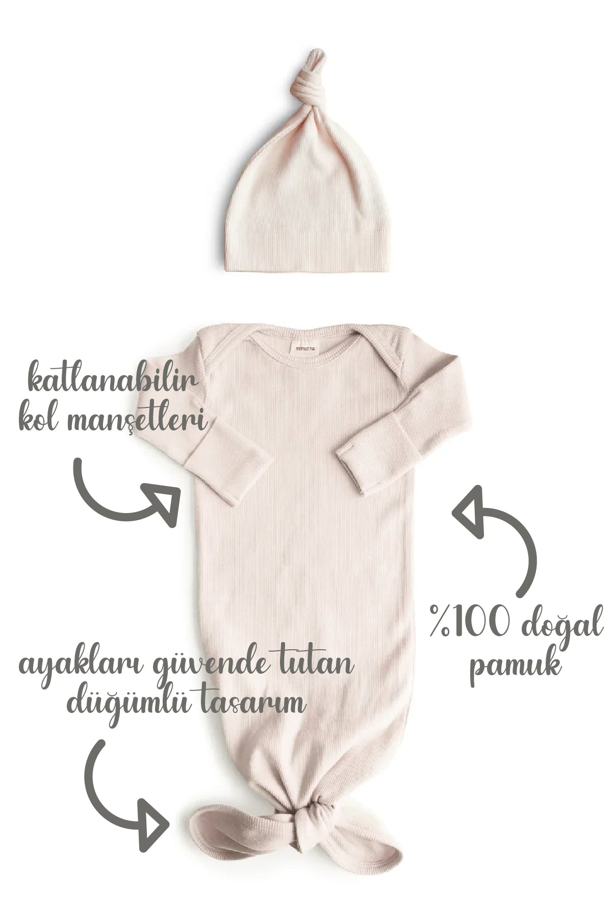 Minuche Fitilli ve Alttan Bağlamalı Bebek Body ve Bere Takım %100 Pamuk - Kolay Alt Açma Tasarımı