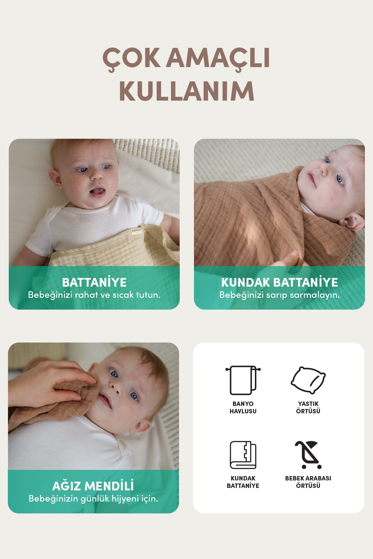 Minuche Müslin Bebek Kundak Örtüsü 120X120 cm - %100 Pamuk 4 Kat Müslin Bebek Battaniye Bej