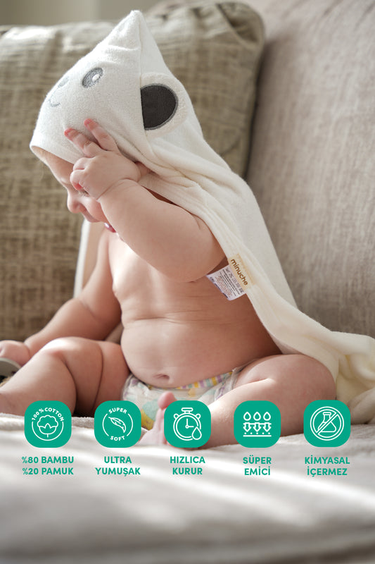 Minuche %100 Pamuk Bambu Havlu Kundak - Ayıcık Kulak Desenli Banyo Havlusu - 75X75 cm