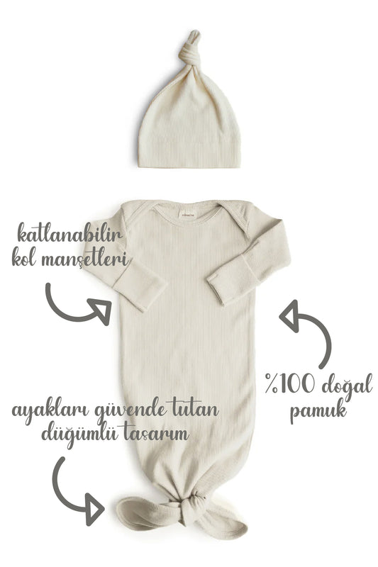 Minuche Fitilli ve Alttan Bağlamalı Bebek Body ve Bere Takım %100 Pamuk - Kolay Alt Açma Tasarımı