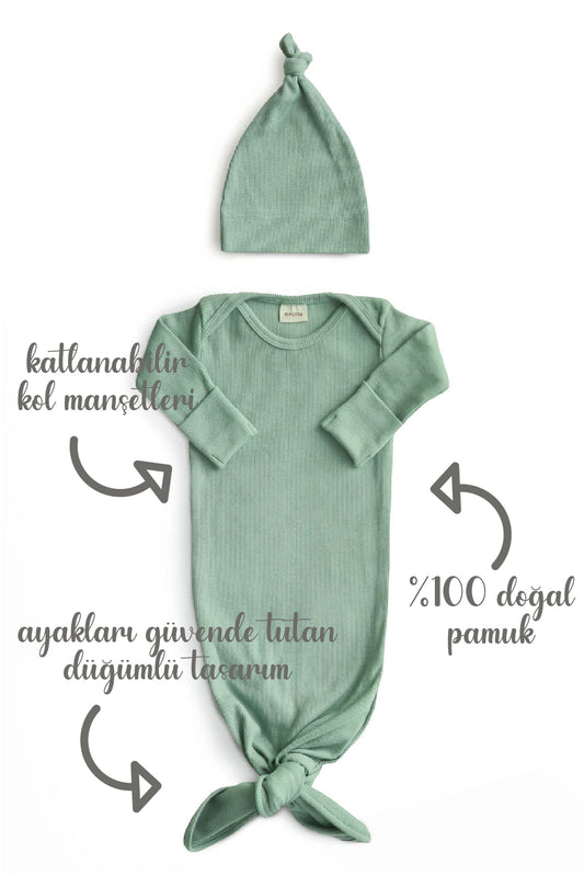 Minuche Fitilli ve Alttan Bağlamalı Bebek Body ve Bere Takım %100 Pamuk - Kolay Alt Açma Tasarımı
