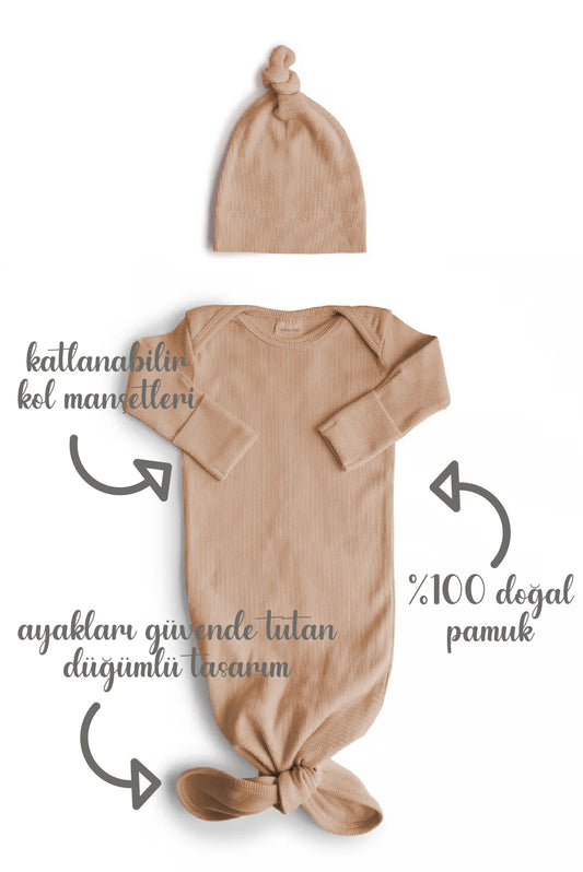 Minuche Fitilli ve Alttan Bağlamalı Bebek Body ve Bere Takım %100 Pamuk - Kolay Alt Açma Tasarımı